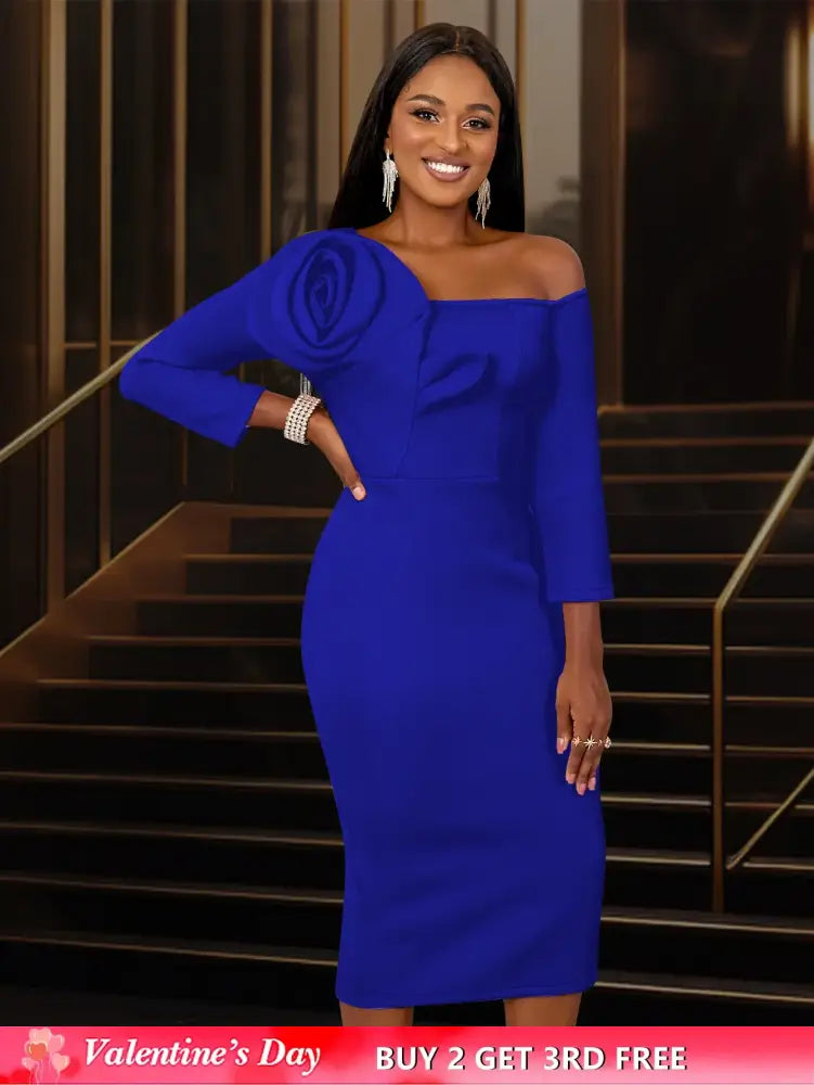 Women One Shoulder Midi Dresswith 3D Flower Asymmetric Sleeve