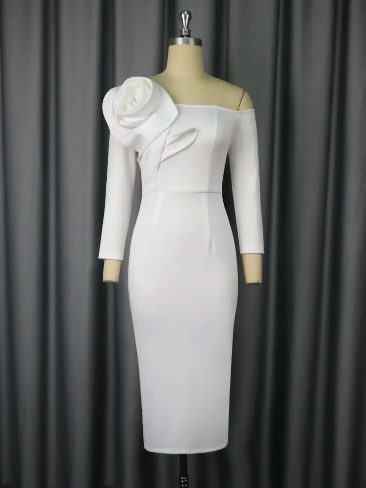 Women One Shoulder Midi Dresswith 3D Flower Asymmetric Sleeve