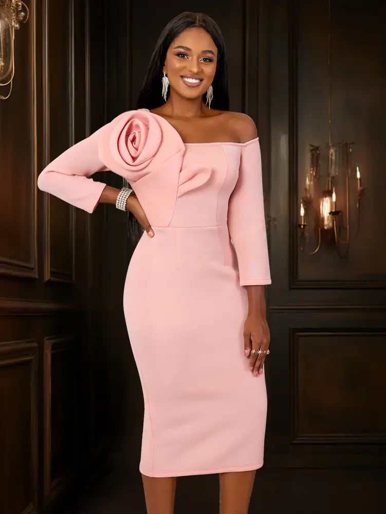 Women One Shoulder Midi Dresswith 3D Flower Asymmetric Sleeve Pink / S