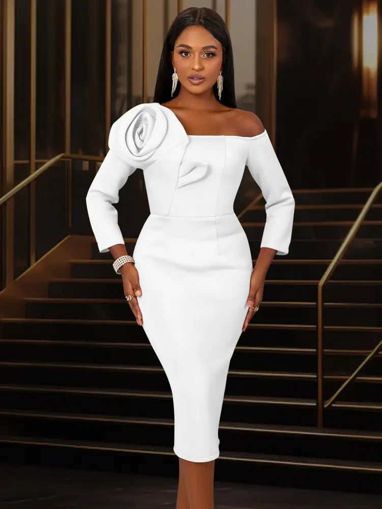 Women One Shoulder Midi Dresswith 3D Flower Asymmetric Sleeve White / S