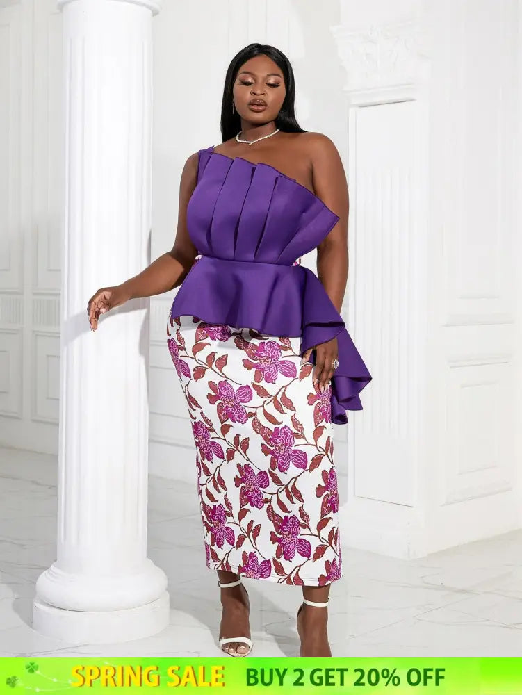 Women One Shoulder Printed Patchwork Party Dress Purple / 2XL
