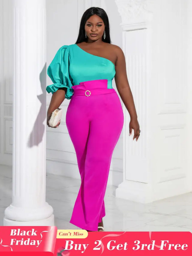 Women One Shoulder Puff Sleeves Blouse