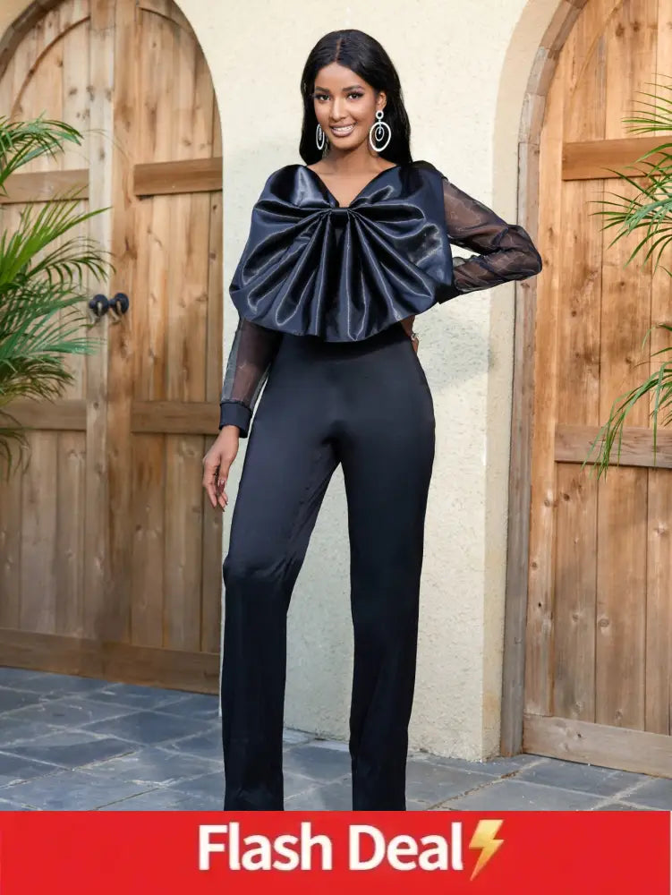 Women Organza Long Sleeve Big Bow Black Jumpsuit