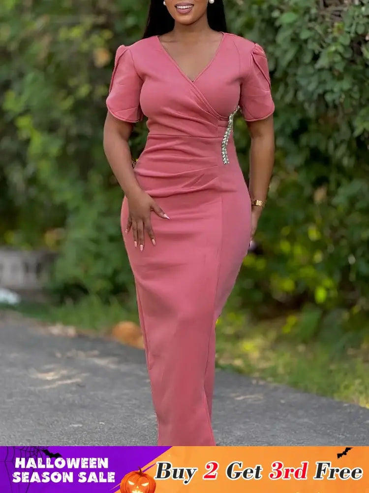 Women Pink Bodycon Long Dresses V Neck Short Sleeves Church