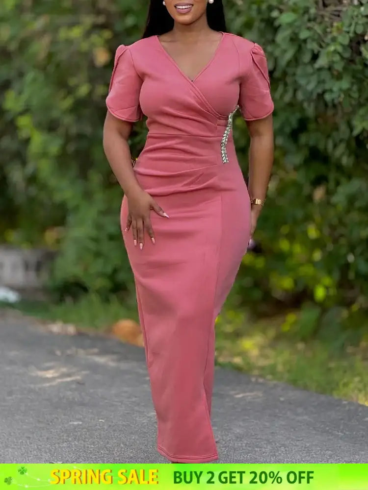 Women Pink Bodycon Long Dresses V Neck Short Sleeves Church