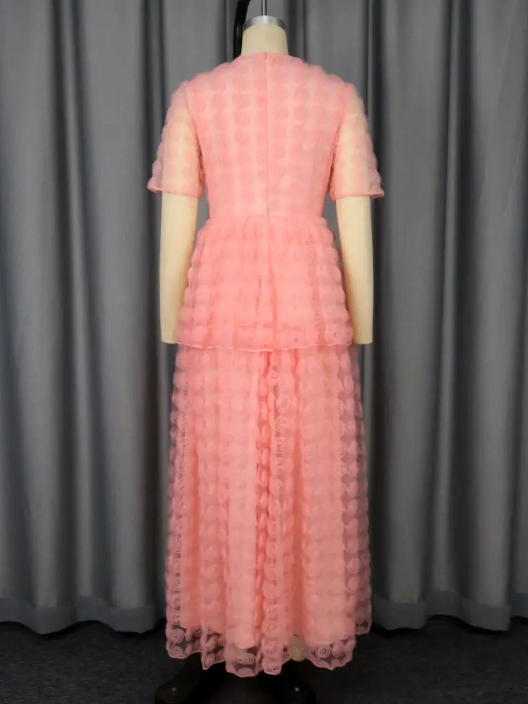 Women Pink Lace Maxi Dress Short Sleeve O Neck Elegant Floral Pattern