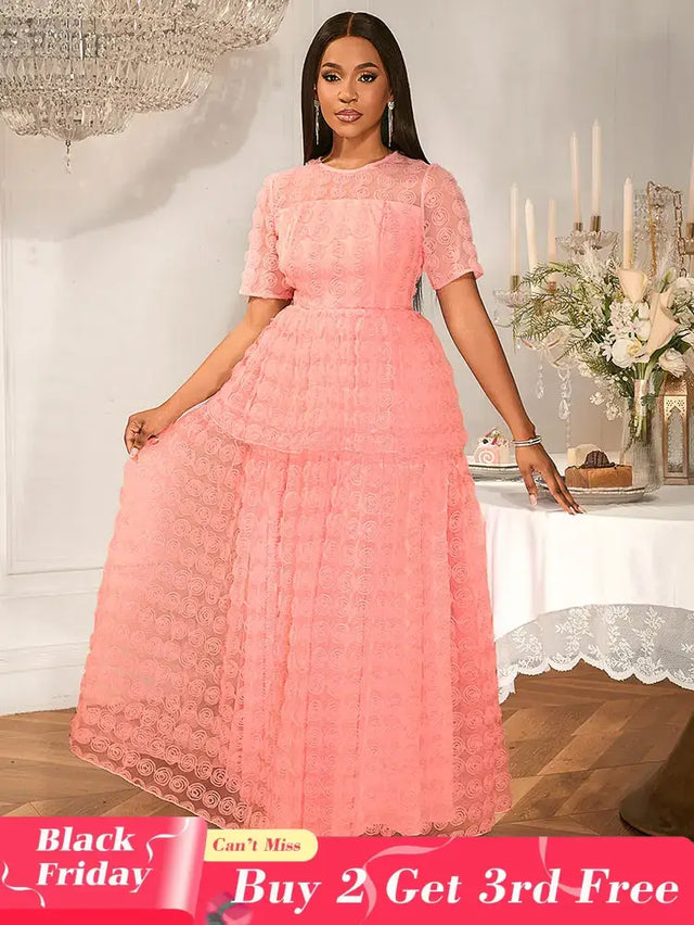 Women Pink Lace Maxi Dress Short Sleeve O Neck Elegant Floral Pattern Pink / S