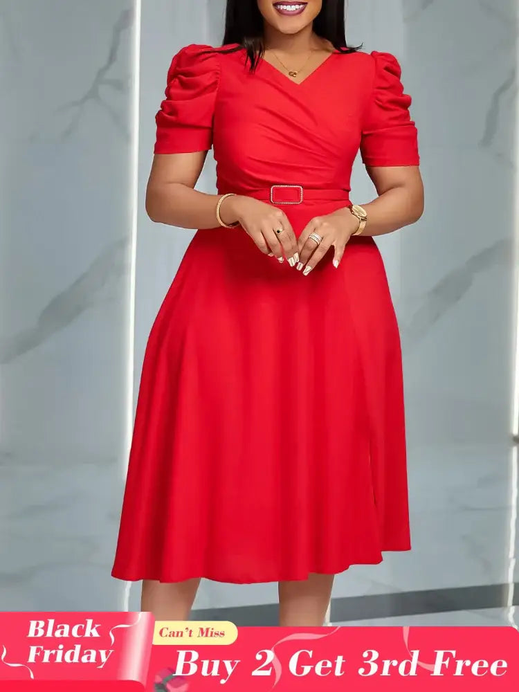 Women Pleated A Line Dresses V Neck Short Sleeves Classy Elegant Office
