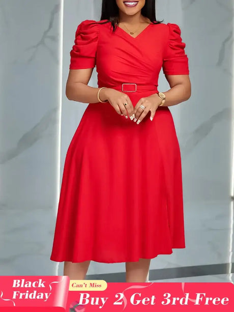 Women Pleated A Line Dresses V Neck Short Sleeves Classy Elegant Office