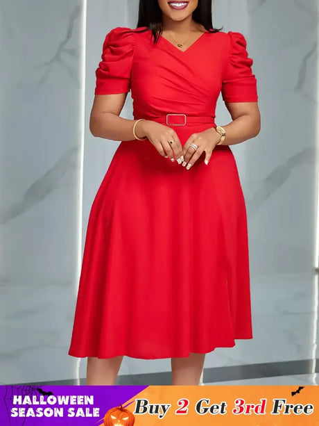 Women Pleated A Line Dresses V Neck Short Sleeves Classy Elegant Office