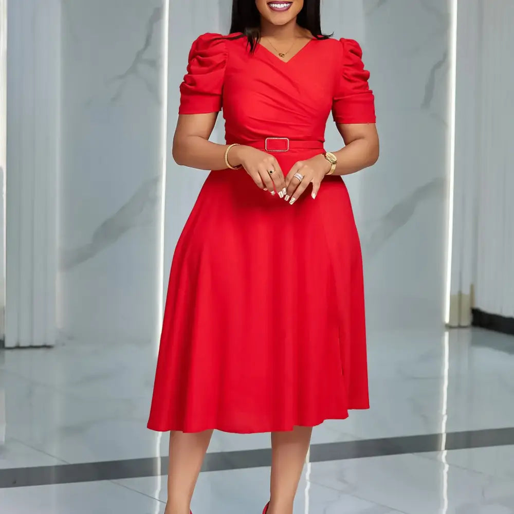 Women Pleated A Line Dresses V Neck Short Sleeves Classy Elegant Office Red / S
