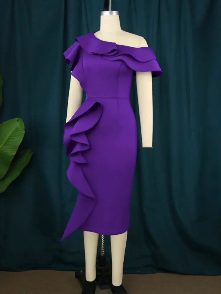 Women Purple Off Shoulder Ruffles Bodycon Dress