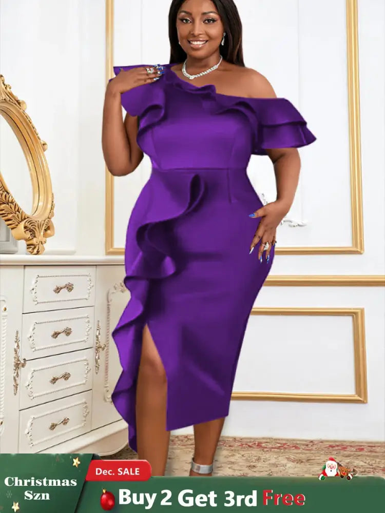 Women Purple Off Shoulder Ruffles Bodycon Dress Purple / S