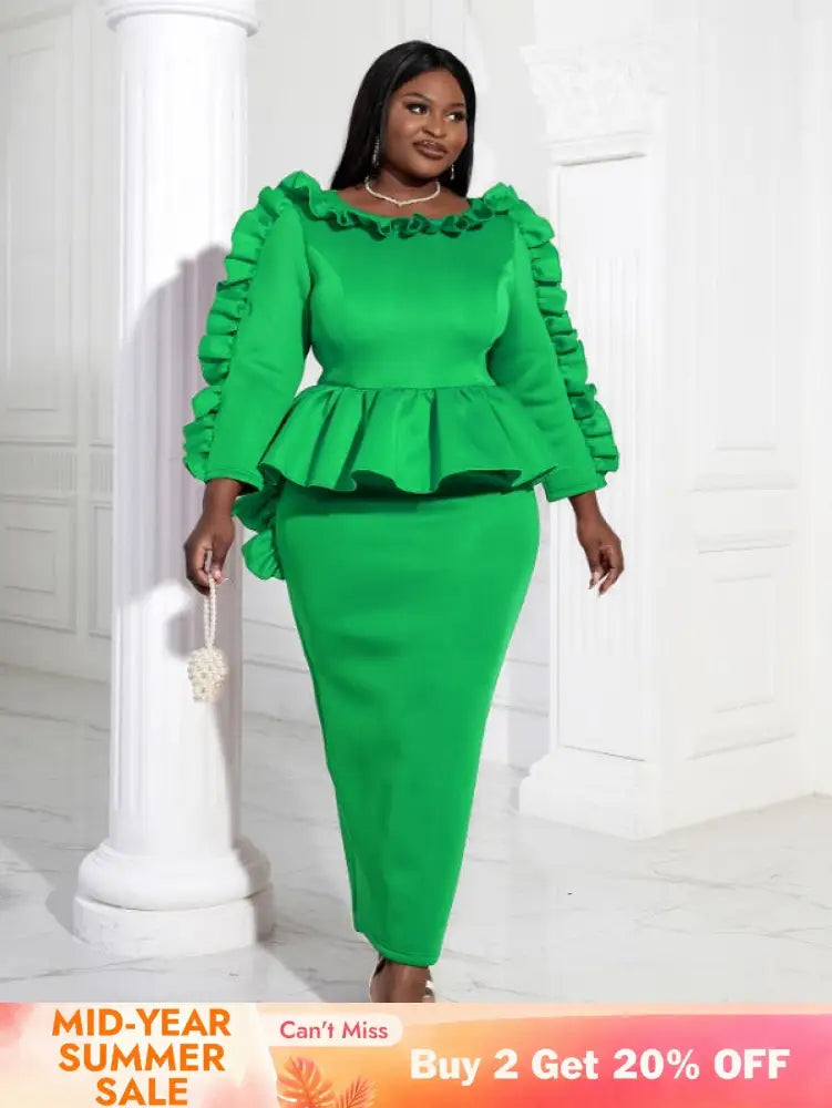 Women Ruffles Red Long Bodycon Christmas Dress Green / S