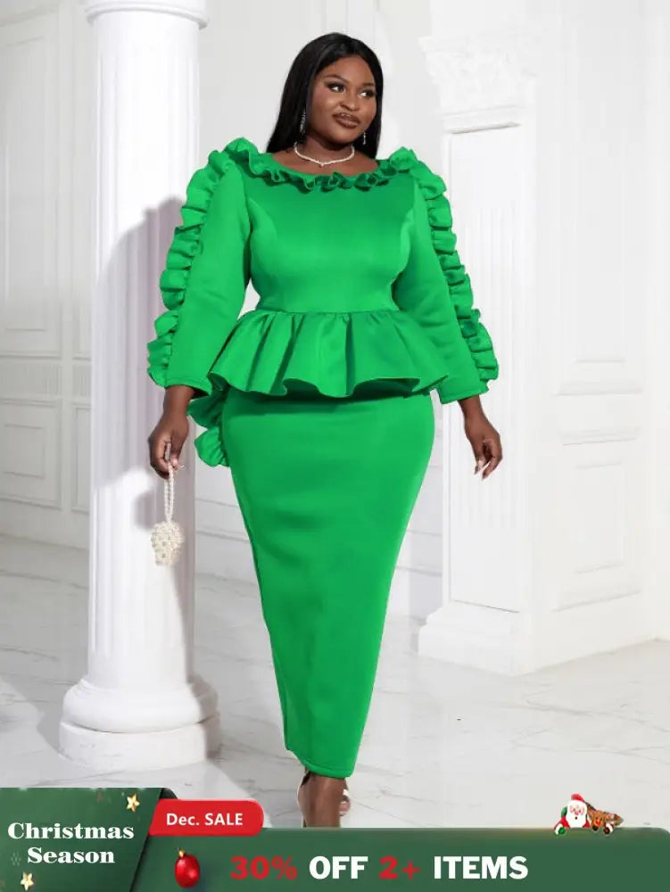 Women Ruffles Red Long Bodycon Christmas Dress Green / S