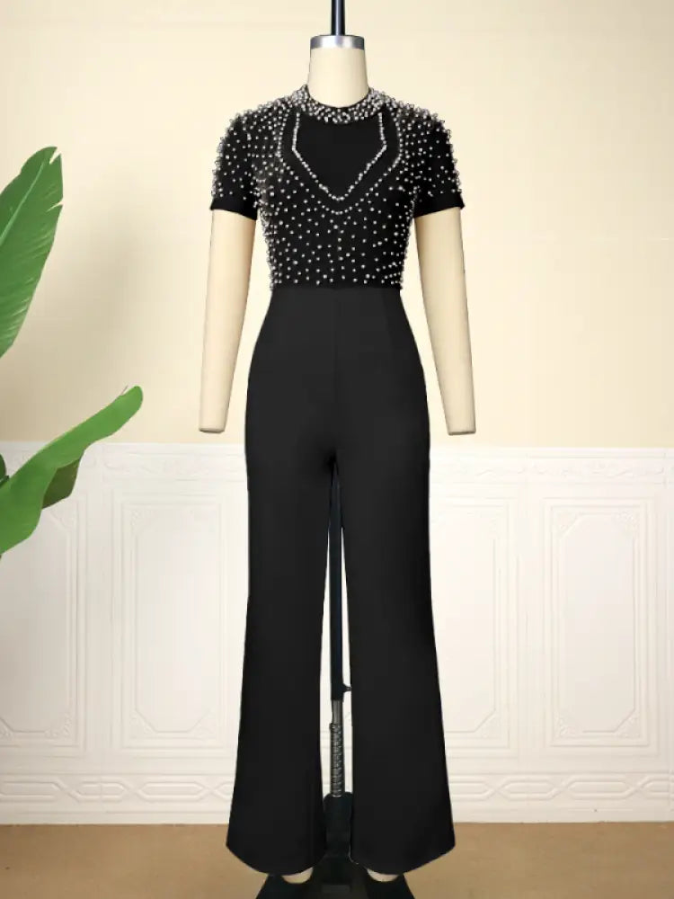 Women See Through Tops Beaded Wide Leg Jumpsuit