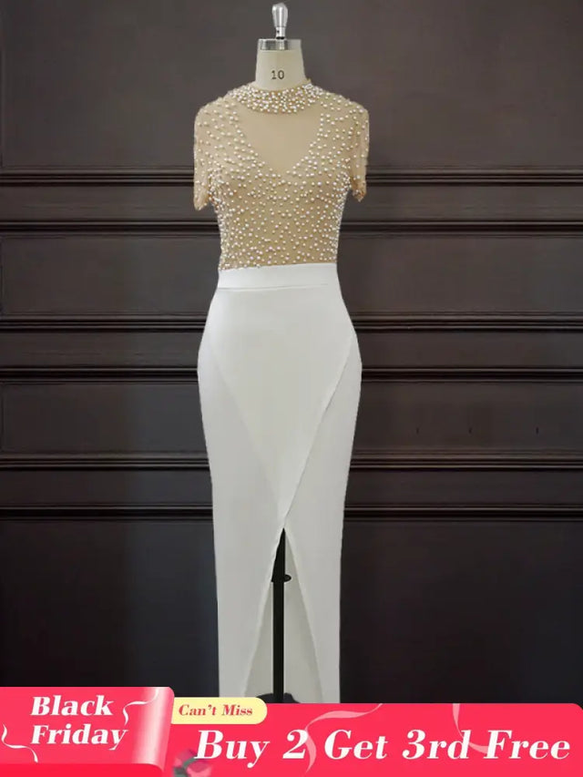 Women Sexy See Through Tulle Bead Slit Party Dress White / S