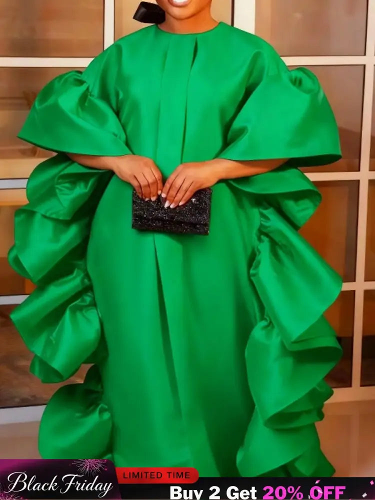 Women Shiny Bubu Dresses O Neck Ruffles Traditional Africa Kaftan Green / One Size