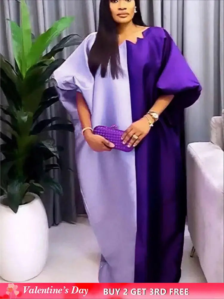Women Shiny Bubu Kaftan Dresses for Church Color Block African Dresses Purple / One Size