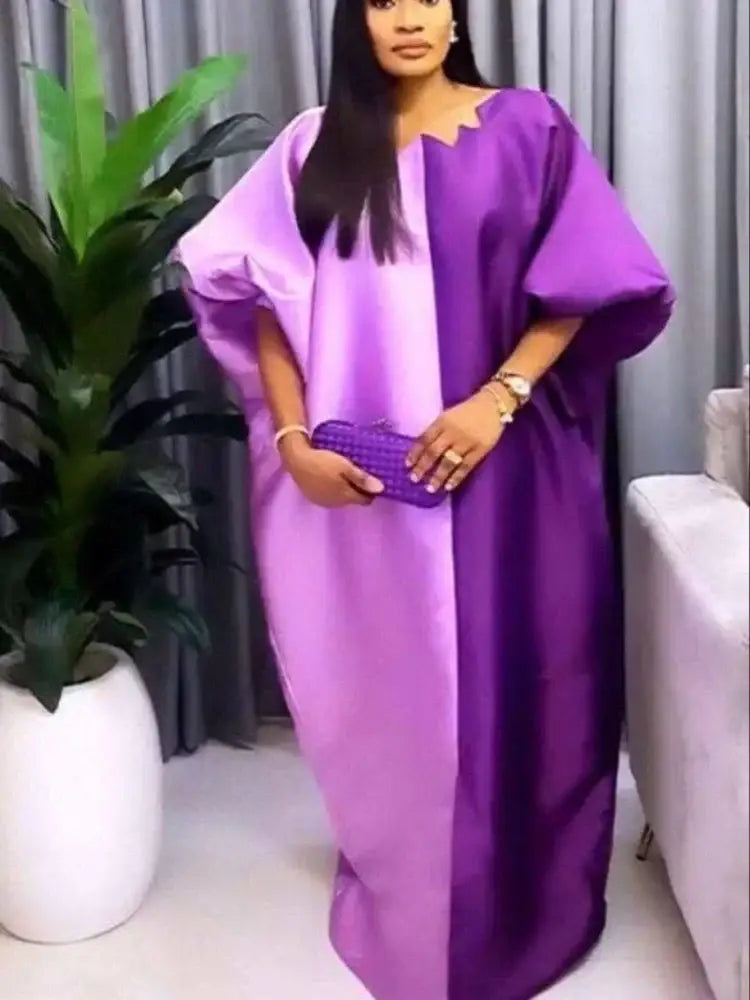 Women Shiny Bubu Kaftan Dresses for Church Color Block African Dresses Purple / One Size