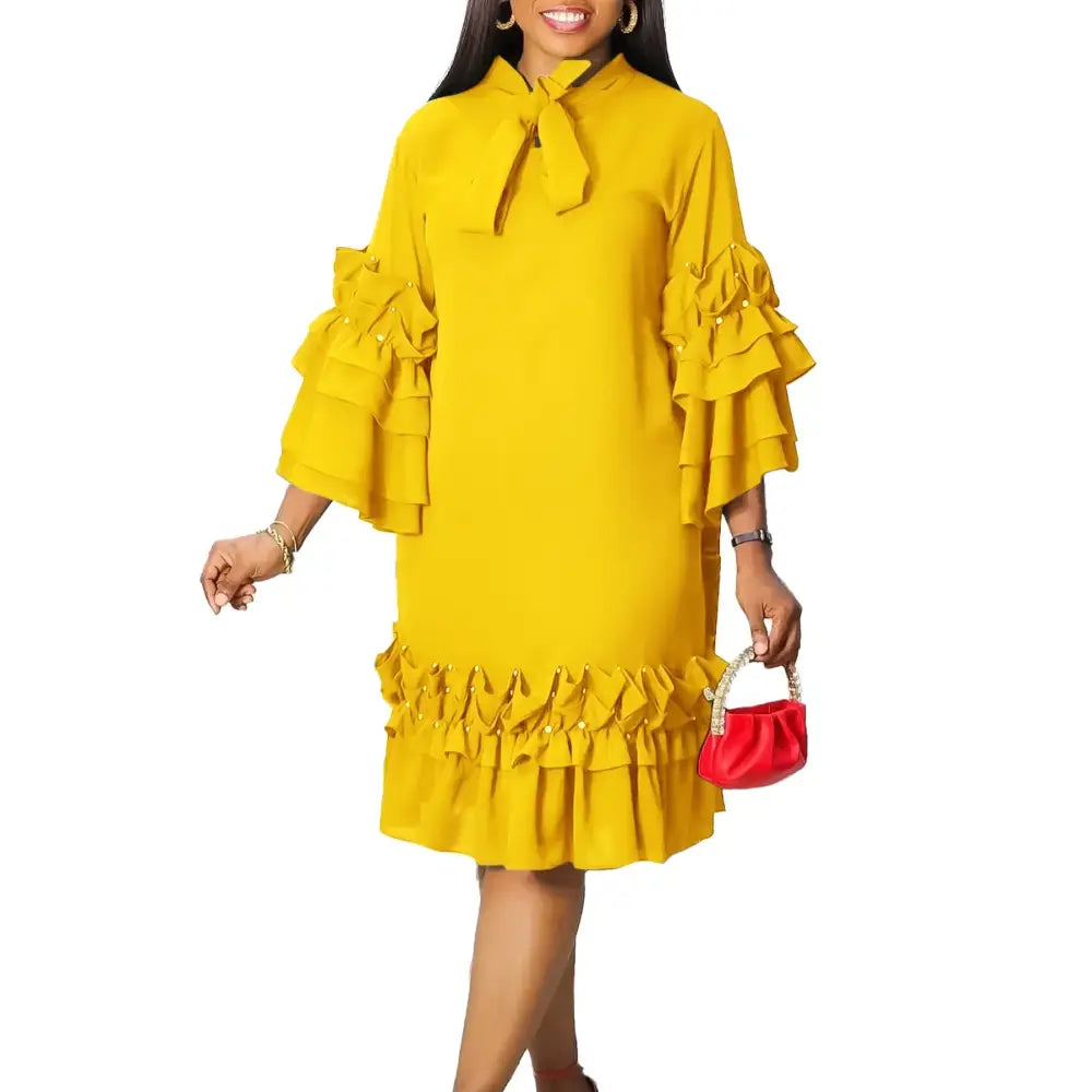 Women Shirt Dress Loose 4 3 Sleeves Pleated Ruffles Bow Collar