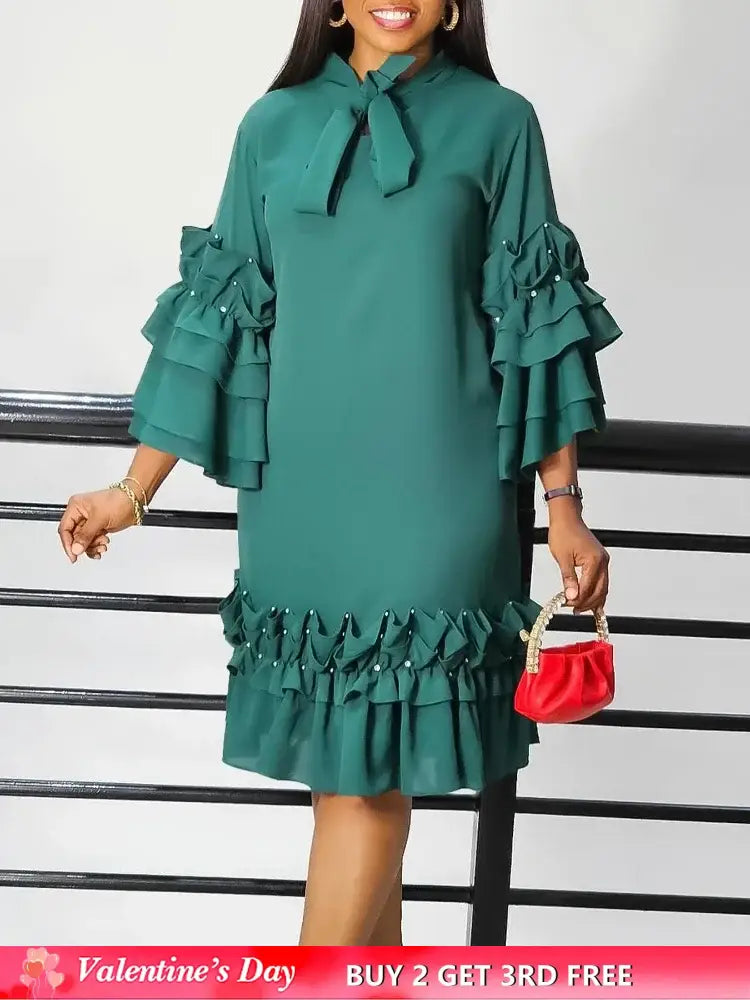 Women Shirt Dress Loose 4 3 Sleeves Pleated Ruffles Bow Collar