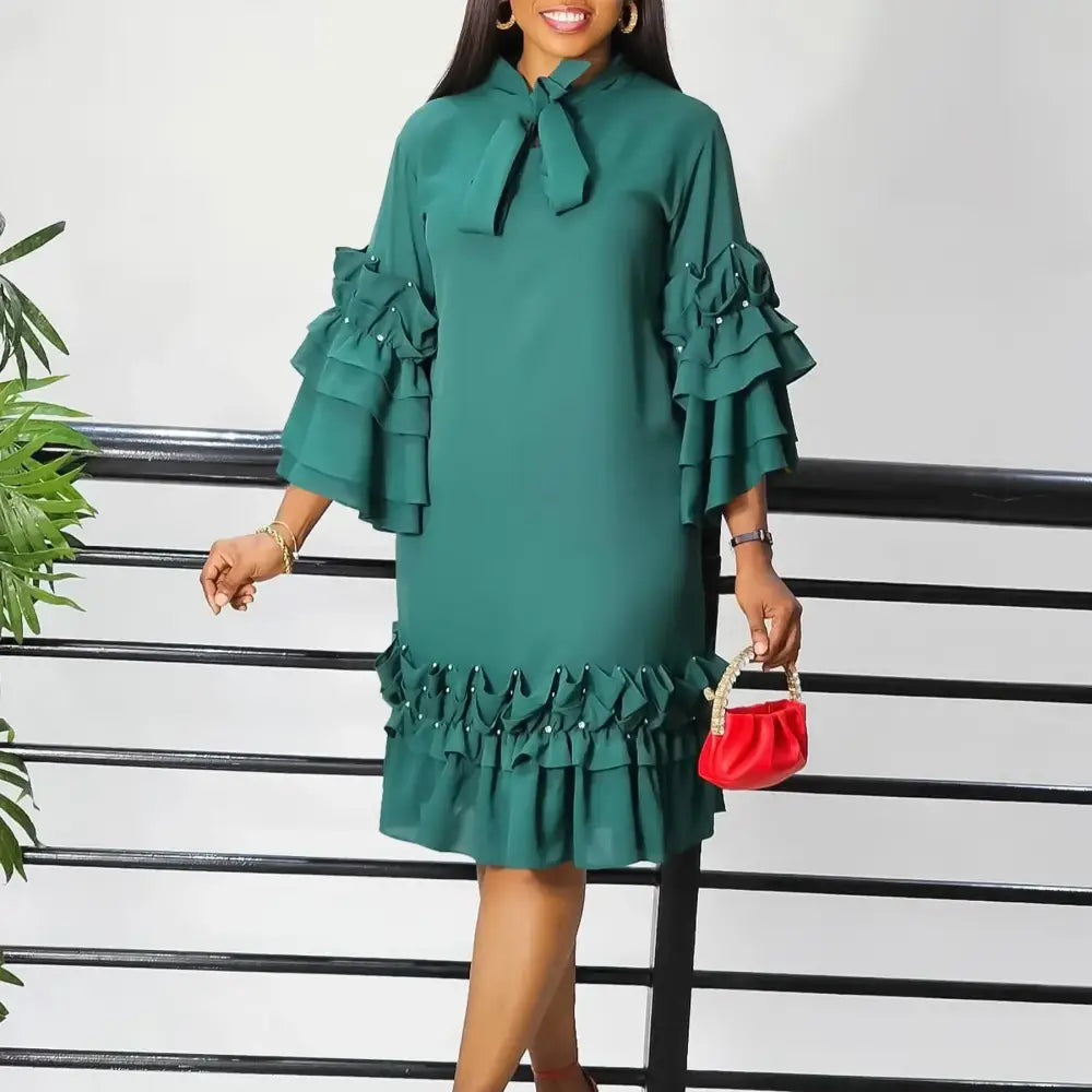Women Shirt Dress Loose 4 3 Sleeves Pleated Ruffles Bow Collar Green / S
