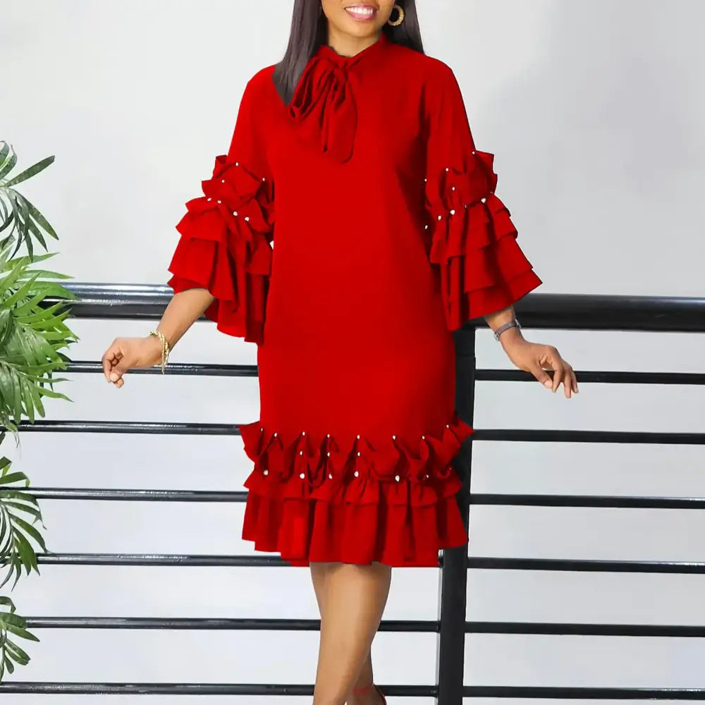 Women Shirt Dress Loose 4 3 Sleeves Pleated Ruffles Bow Collar Red / S