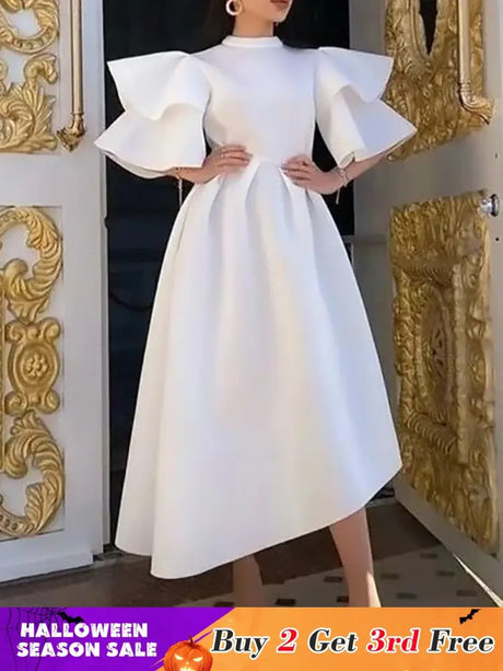Women Stylish Party Dress A Line High Waist Ruffles Celebrate White / S