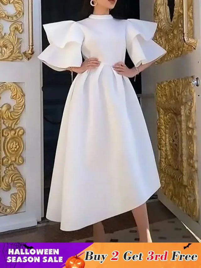 Women Stylish Party Dress A Line High Waist Ruffles Celebrate White / S