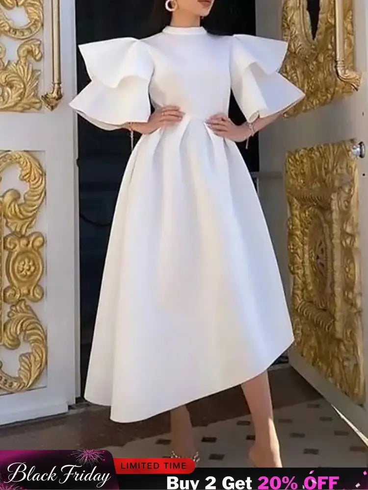 Women Stylish Party Dress A Line High Waist Ruffles Celebrate White / S