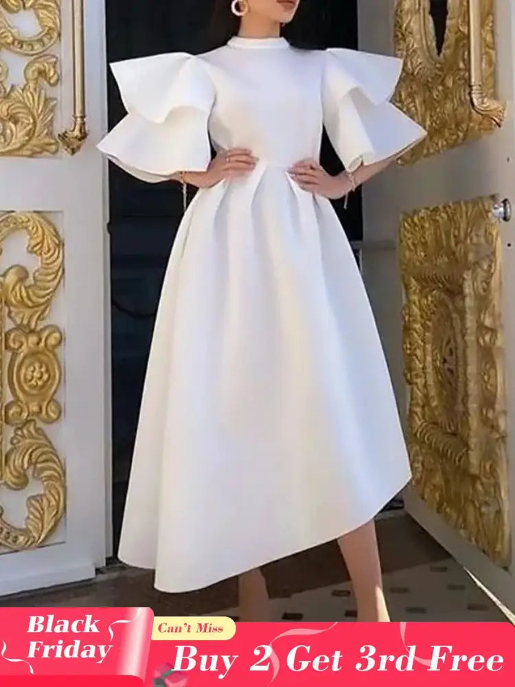 Women Stylish Party Dress A Line High Waist Ruffles Celebrate White / S