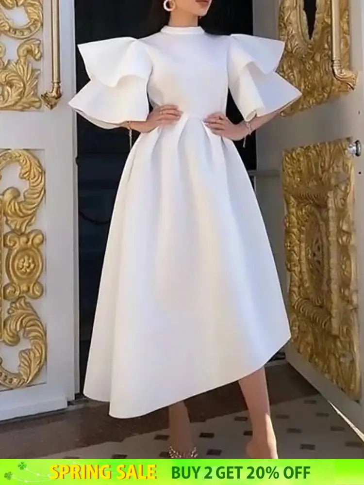 Women Stylish Party Dress A Line High Waist Ruffles Celebrate White / S