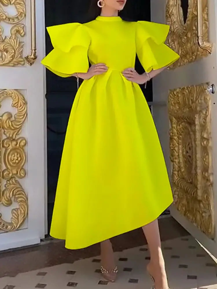 Women Stylish Party Dress A Line High Waist Ruffles Celebrate Yellow / S