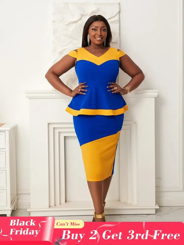 Women V Neck Color Block High Waist Peplum Dresses