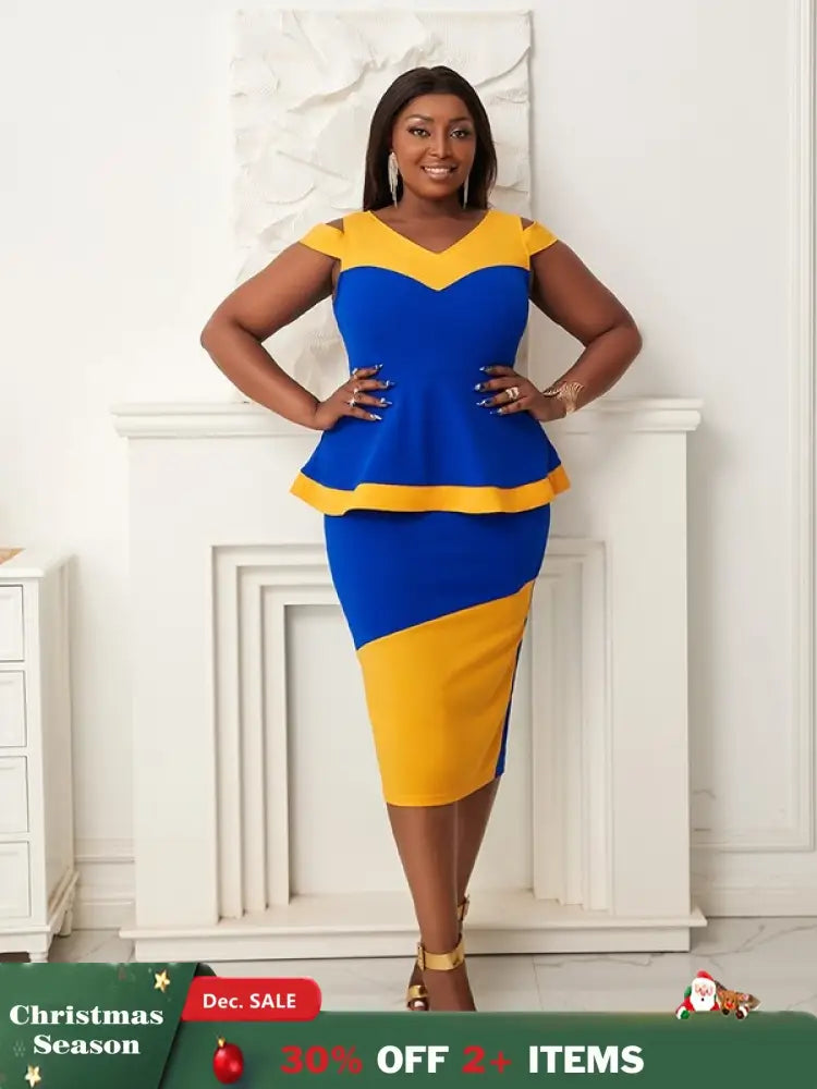 Women V Neck Color Block High Waist Peplum Dresses