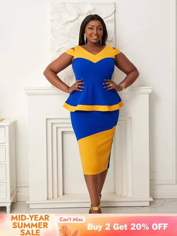 Women V Neck Color Block High Waist Peplum Dresses