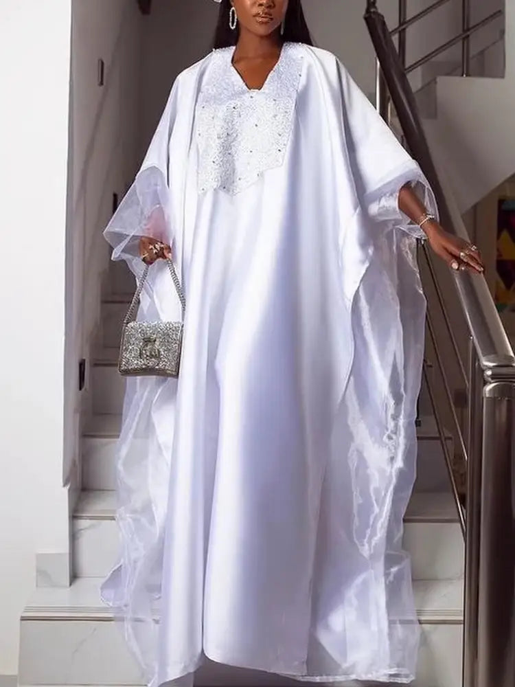 Women White Shiny Bubu Dresses Beading Mesh Patchwork Africa Clothes White / One Size