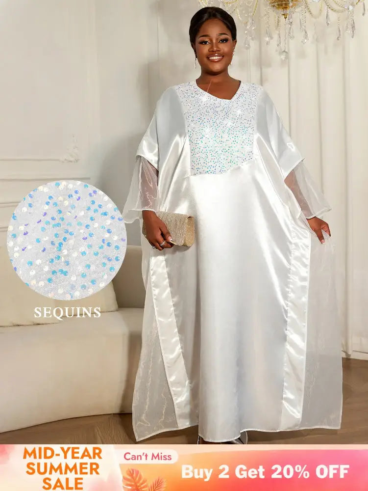 Women White Shiny Bubu Dresses Beading Mesh Patchwork Africa Clothes White / One Size