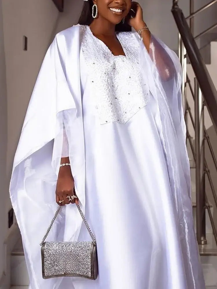 Women White Shiny Bubu Dresses Beading Mesh Patchwork Africa Clothes White / One Size