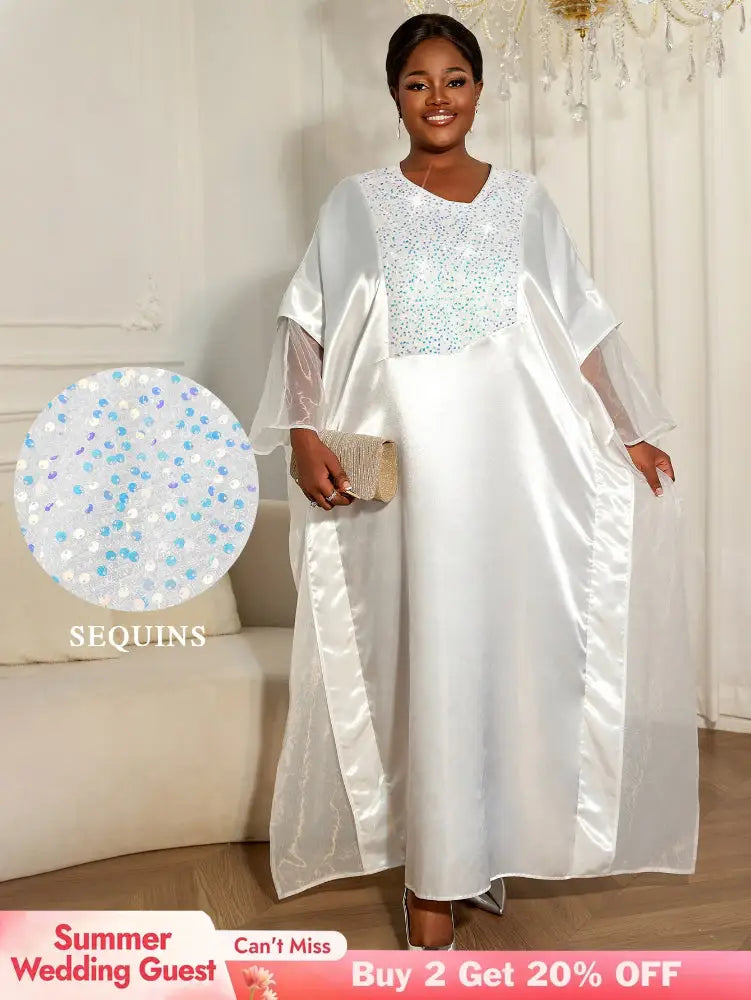 Women White Shiny Bubu Dresses Beading Mesh Patchwork Africa Clothes White / One Size
