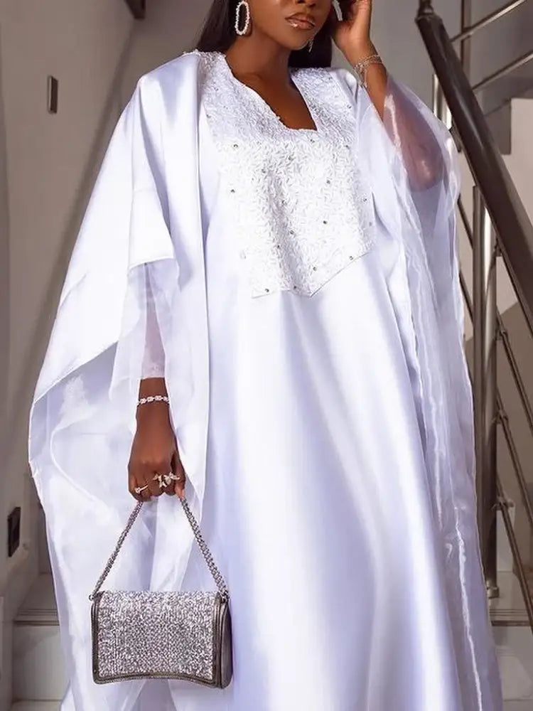 Women White Shiny Bubu Dresses Beading Mesh Patchwork Africa Clothes White / One Size