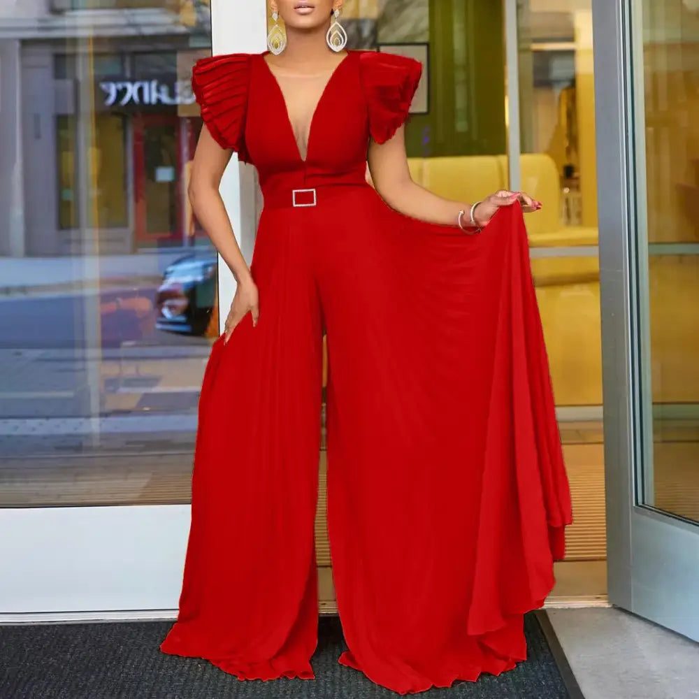 Women Wide Leg Jumpsuits Pleated High Waist V Neck Ruffles African Female One Piece Rompers Red / S