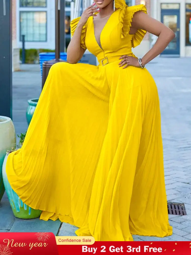 Women Wide Leg Jumpsuits Pleated High Waist V Neck Ruffles African Female One Piece Rompers Yellow / S