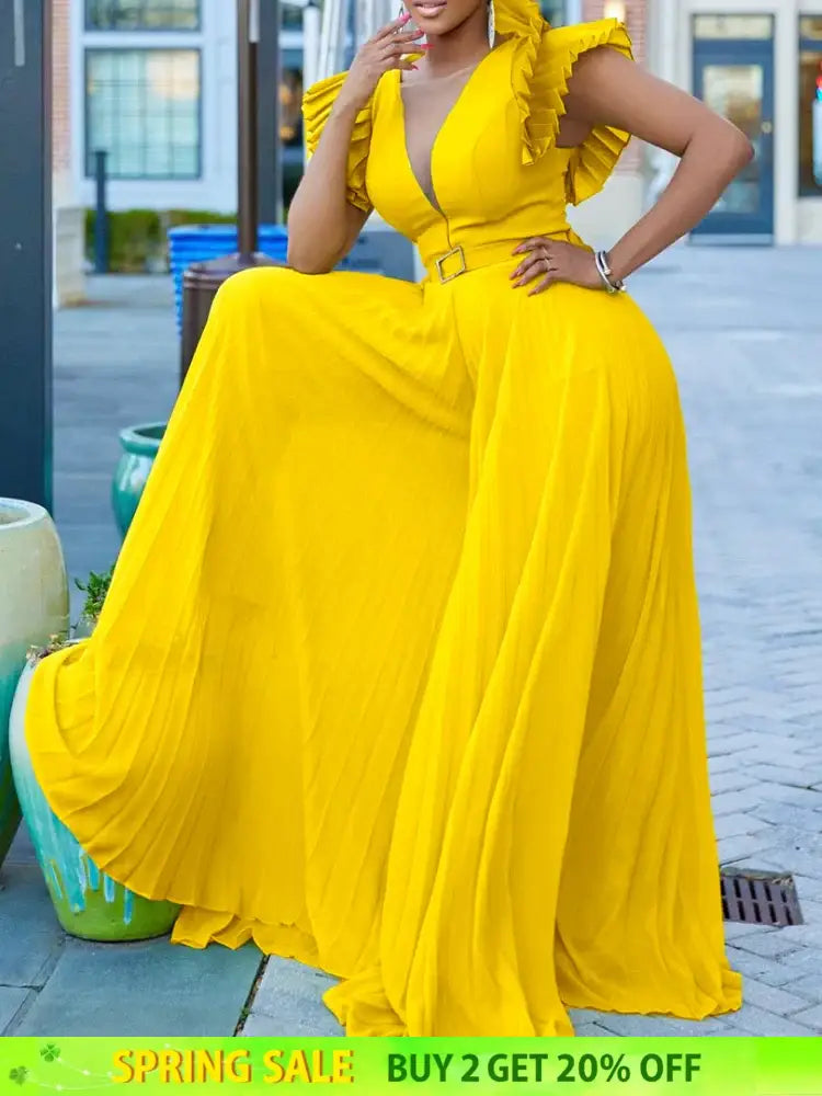 Women Wide Leg Jumpsuits Pleated High Waist V Neck Ruffles African Female One Piece Rompers Yellow / S