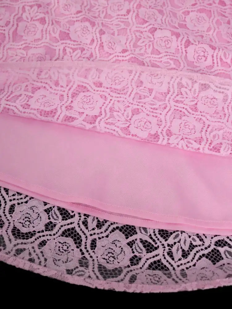 Women’s Pink Off Shoulder Dress Ruffled Puff Sleeves Floral Lace