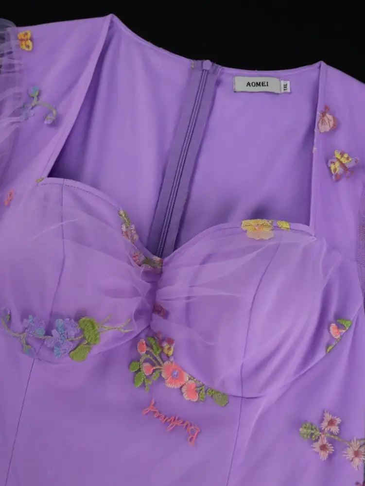 Women’s Purple Floral Embroidered Organza Dress Sweetheart Neck Puff Short Sleeves
