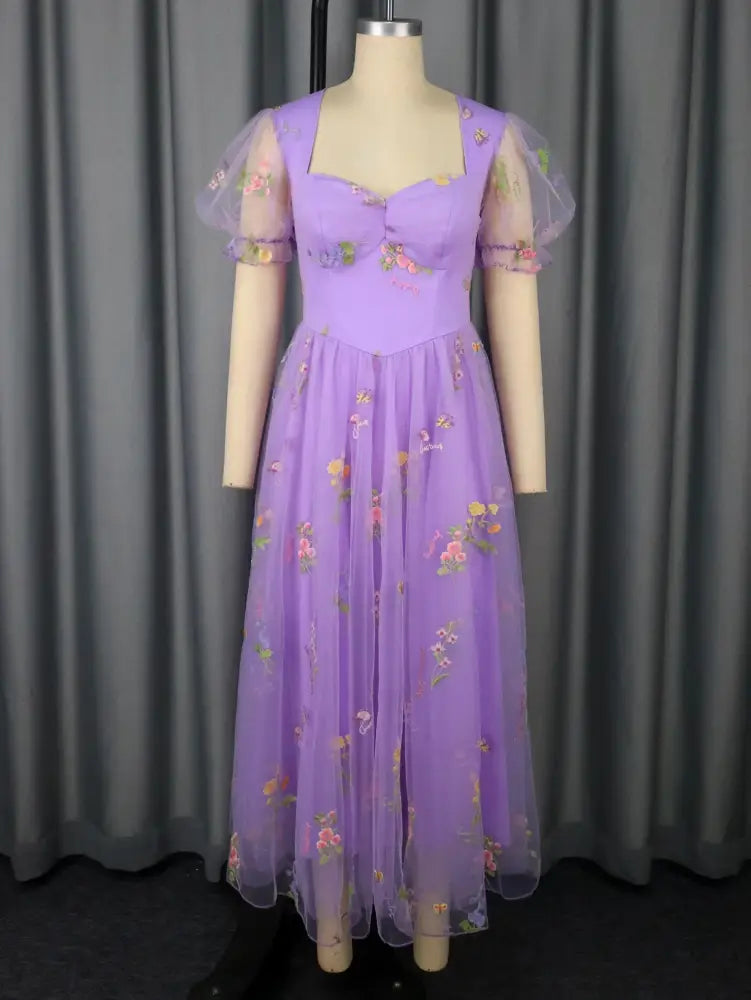 Women’s Purple Floral Embroidered Organza Dress Sweetheart Neck Puff Short Sleeves