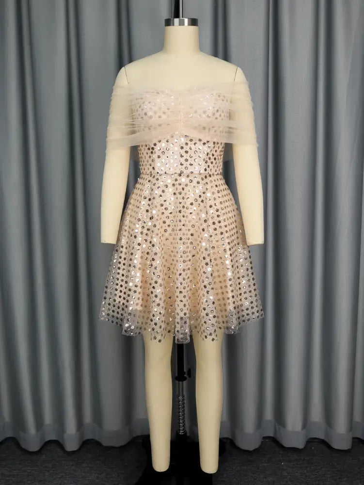 Women’s Strapless Off Shoulder Mesh Capelet Sequin Dress A Line Party Mini Dress