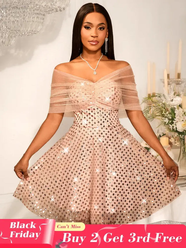 Women’s Strapless Off Shoulder Mesh Capelet Sequin Dress A Line Party Mini Dress LightPink / S